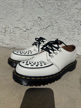 Dr. Martens White and Black Woven Leather Loafers with Yellow Stitching size 8